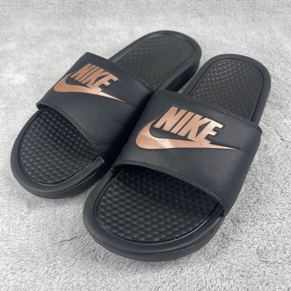 Nike Slide Sandals Womens Size 10 Benassi Black Rose Gold Cushion 343881-007 - Picture 1 of 8